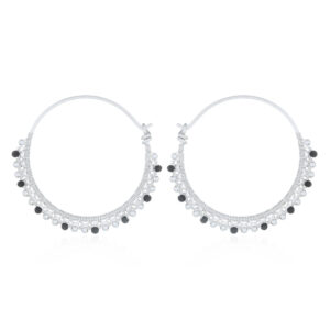 A pair of black agate and spheres threaded silver hoop earrings