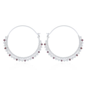 A pair of garnet and spheres threaded silver hoop earrings