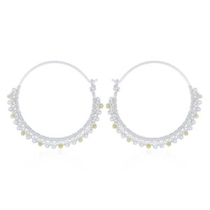 A pair of yellow opal and spheres threaded silver hoop earrings