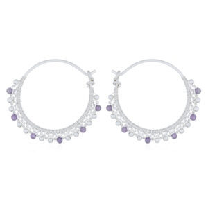 A pair of balinese amethyst threaded silver hoop earrings