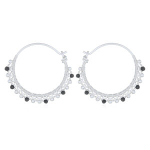 A pair of balinese black agate threaded silver hoop earrings