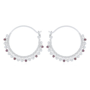 A pair of balinese garnet threaded silver hoop earrings
