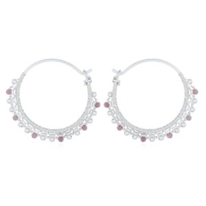 A pair of balinese tourmaline threaded silver hoop earrings