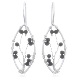 A pair of black agate jeweled tree in marquise silver drop earrings