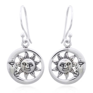 A pair of moon surrounded sun sterling silver dangle earrings