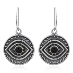 A pair of tribal evil eye black stone dangle 925 silver earrings