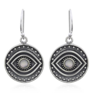 A pair of tribal evil eye mother of pearl dangle 925 silver earrings