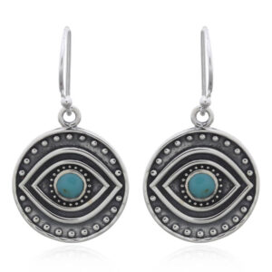 A pair of tribal evil eye green stone dangle 925 silver earrings