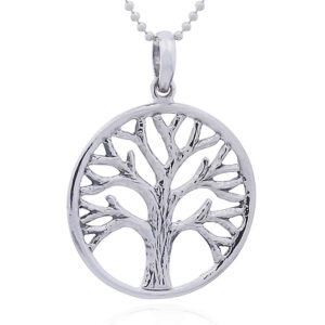 A rugged antiqued silver tree of life in round frame pendant