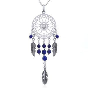 A lapis lazuli and silver dream catcher pendant