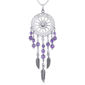 A silver mandala dreamcatcher pendant amethyst beads