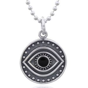 A mesmerizing evil eye black stone 925 silver disc pendant