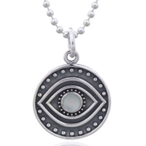 A mesmerizing evil eye mother of pearl 925 silver disc pendant