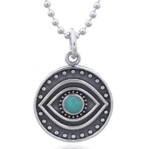 A mesmerizing evil eye green stone 925 silver disc pendant