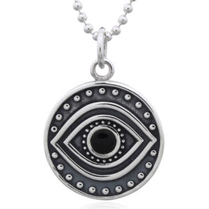 A evil eye tribal with black stone 925 silver disc pendant