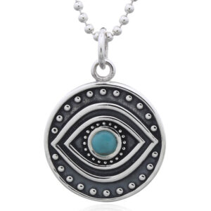 A evil eye tribal with green stone 925 silver disc pendant