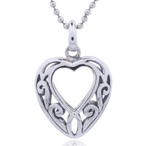 A lovely sterling silver heart pendant twirls openwork