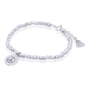 A sterling silver cuboid beads bracelet with peace disc charm