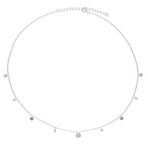 A silver disc with amazonite spheres in chain necklace