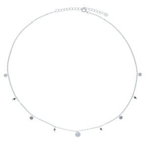 A silver disc with black agate spheres in chain necklace