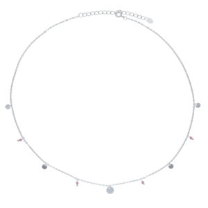 A silver disc with tourmaline spheres in chain necklace