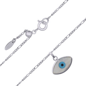 A mother of pearl evil eye charm in silver chain necklace