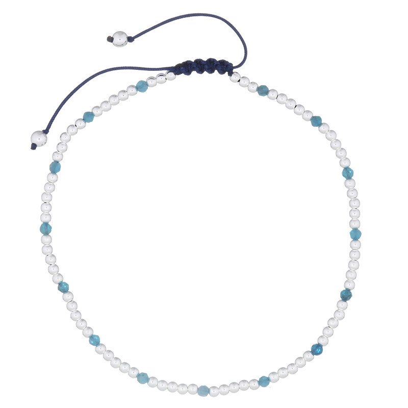 A polyester bracelet with 925 silver beads and apatite stones