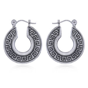 A pair of ornate silver hoop earrings antiqued geometric line relief