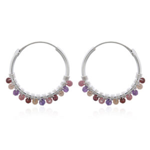 A pair of sterling silver precious stones hoop earrings