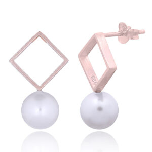 A pair of rose gold plated brushed finish pearl square open studs