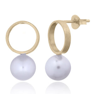 A pair of gold plated open circle & pearl studs brushed finish