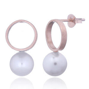 A pair of rose gold plated open circle & pearl studs brushed finish