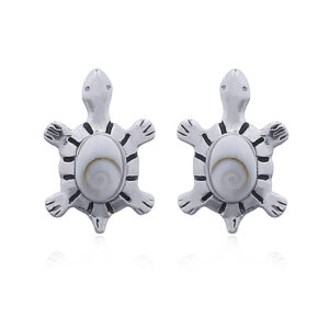 A pair of silver turtle studs with shiva eye shell