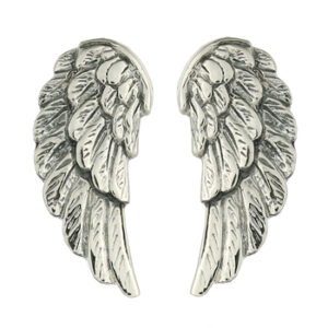 A pair of antiqued sterling silver angel wings stud earrings