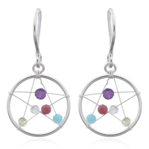 A pair of pentagram star with gemstones handmade dangle earrings silver