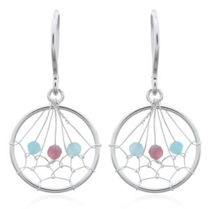A pair of dreamcatcher with gemstones wirework silver dangle earrings