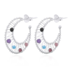 A pair of spinning jeweled spheres in wire closed up silver stud earrings