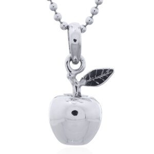 A shiny sterling silver apple with stem and leaf pendant