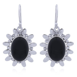 A pair of handmade silver petals frame oval black agate danglers