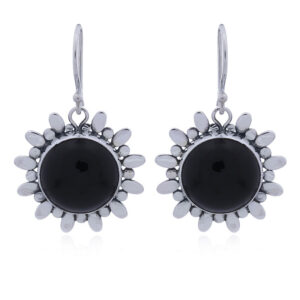 A pair of black agate flowers handmade sterling silver dangle earrings