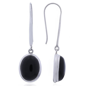 A pair of oval black agate drops silver stick hanger earrings