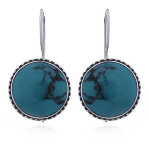 A pair of round turquoise ornate silver border drop earrings