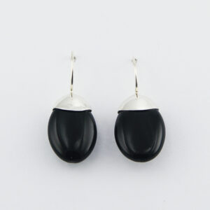 A pair of ovate cut black agate sterling silver drop earrings