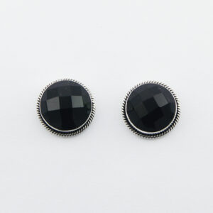 A pair of black agate faceted sphere ornate silver ear studs