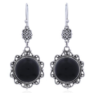 A pair of handmade ajoure silver round black agate dangle earrings