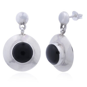 A pair of round saucer shaped flange silver gemstone stud earrings