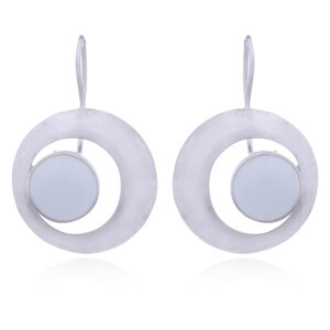 A pair of convex 925 silver hoop drop earrings round black agate gem