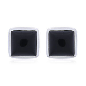 A pair of square black agate cabochons sterling silver ear studs