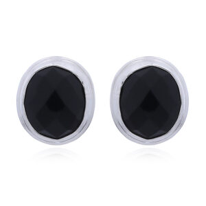 A pair of black agate gemstone silver stud earrings faceted ovals