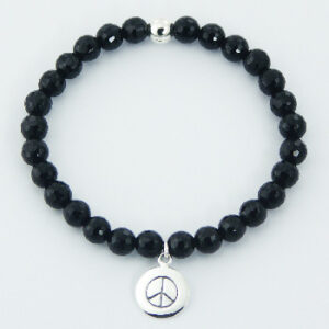 A black agate bead stretch bracelet 925 silver peace charm
